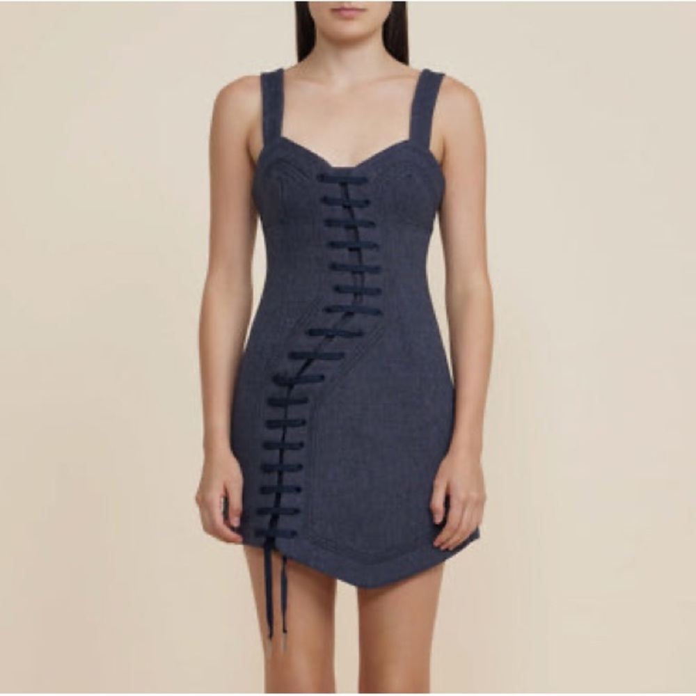 Acler elmore laced woven asymmetrical mini dress navy size 2
